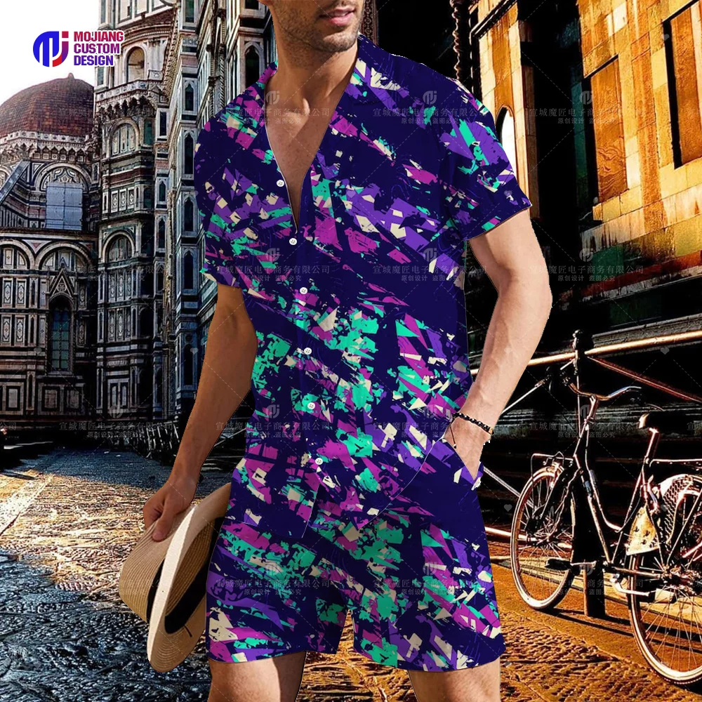2023 Cool Pattern Shirt Men High Street Casual Travel Short Sleeve Shorts High Quality Mens Button Shirt Set US Size S-5XL