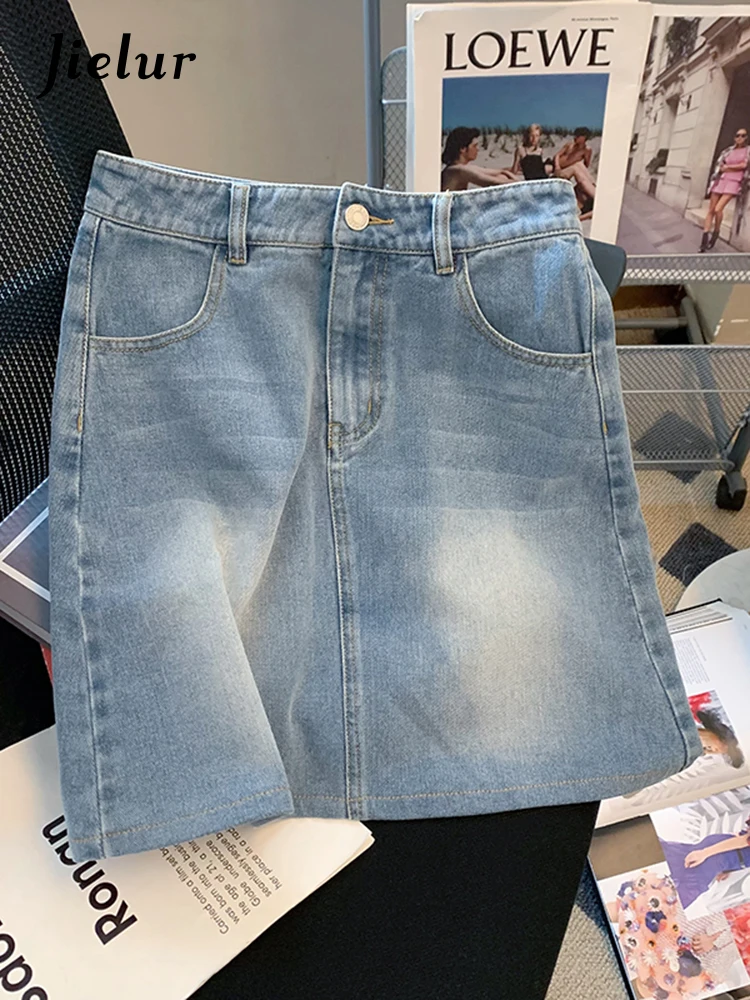 Jielur Светло-синие цветы вышивка ковбойская юбка Леди Лето Новая мода А платье с