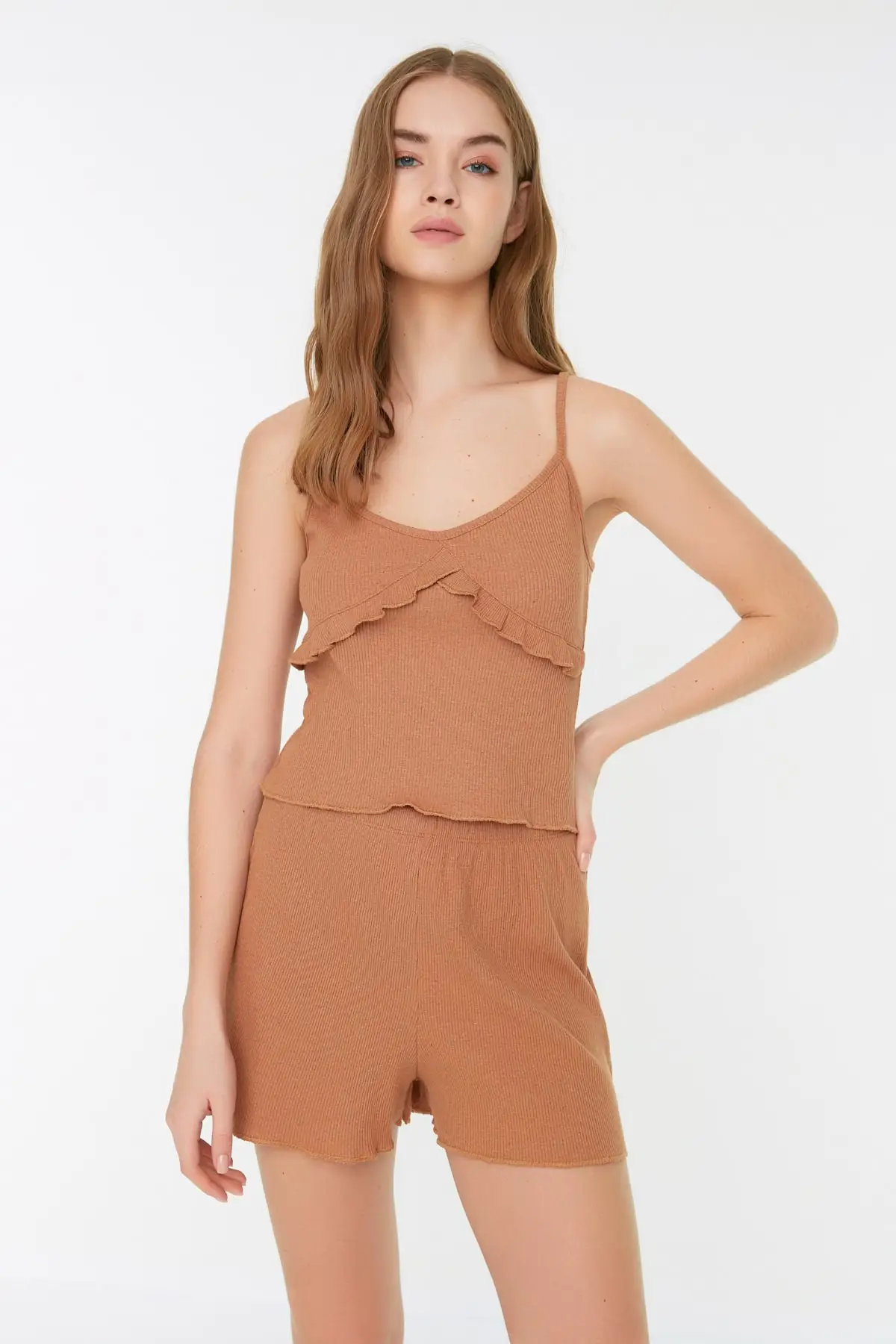 

Women's Pajamas Light Brown Ruffle Detailed Knitted Sleep Lounge Pajamas nightgown Suit Casual Home Clothing