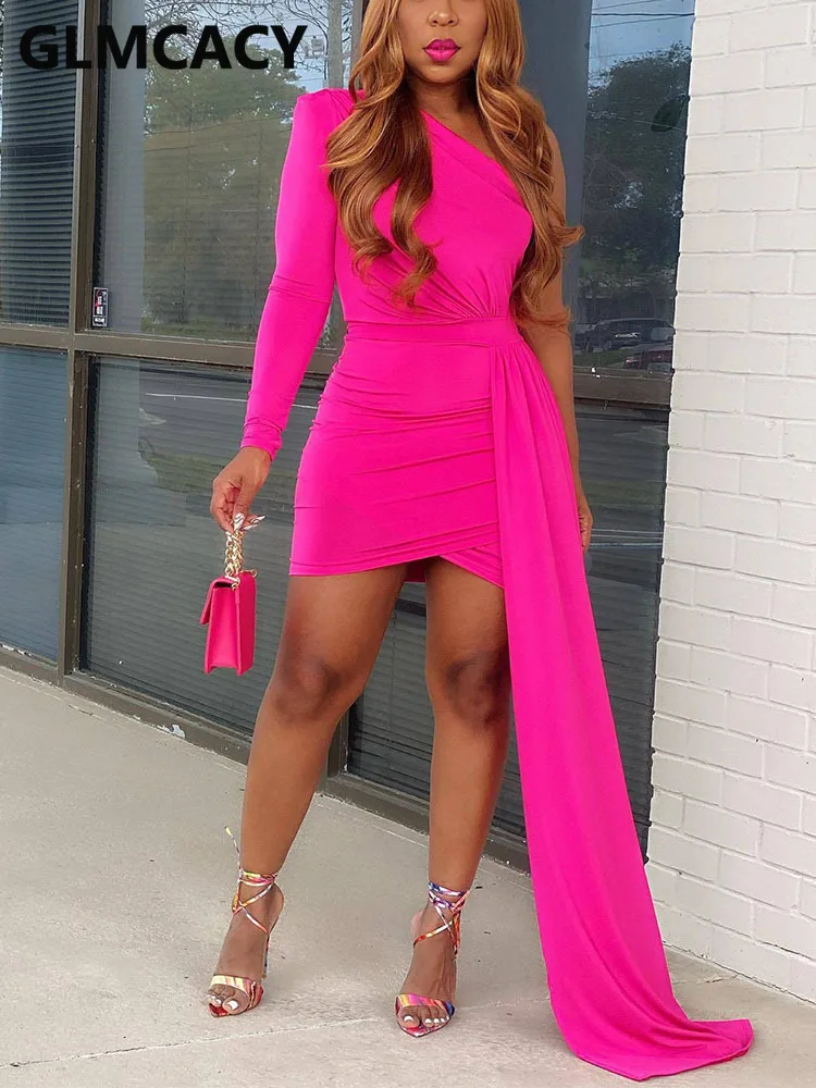 

Women Long Sleeve One Shoulder Mini Dress Irregular Runwnay Dress