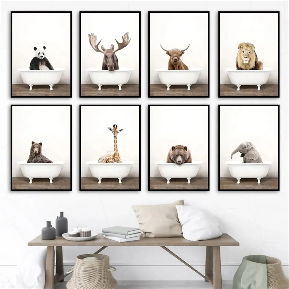 

Baby Animal Painting Elephant Lion Panda Giraffe Bathtub Poster Nursery Wall Art Canvas Prints Bathroom Pictures Kid Room Decor