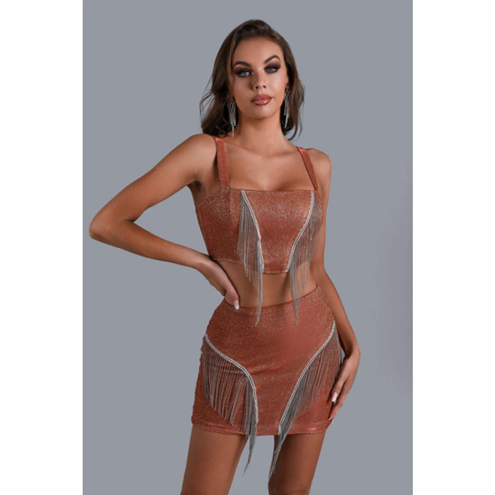 

Новинка 2022, блестящие юбки с бахромой, сексуальное женское летнее Мини-Платье, комплект из двух предметов, укороченный топ без рукавов, юбка ...