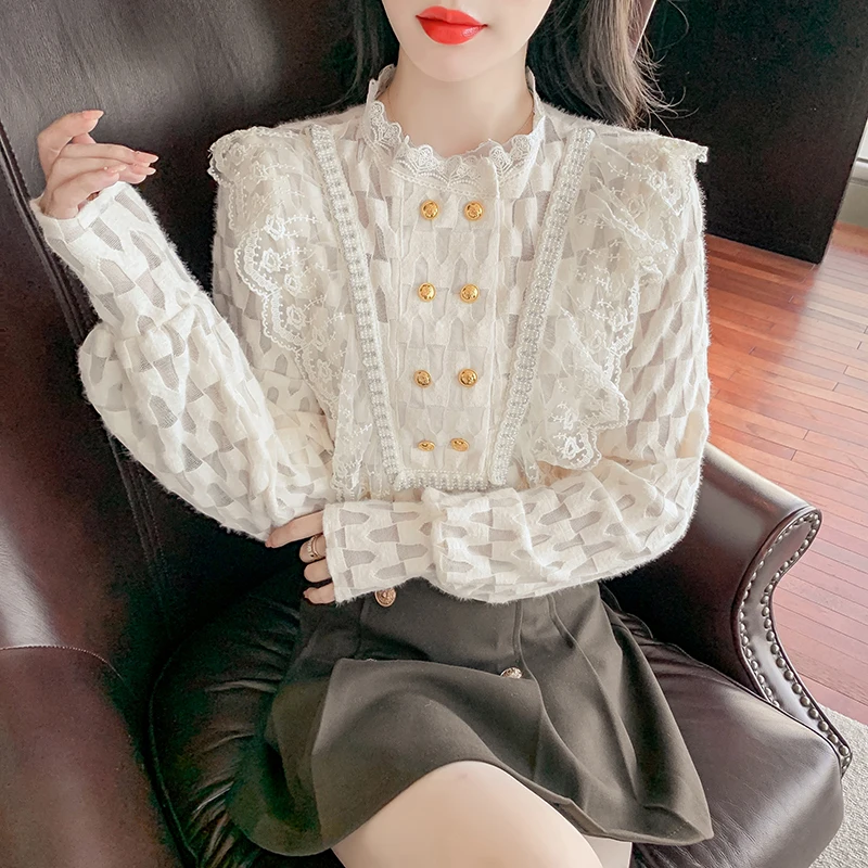 

Chiffon Women's Blouse O-neck Lace Girl's Shirt Casual Top Spring Solid New Fashion Loose Summer Korean Style Female Clothing