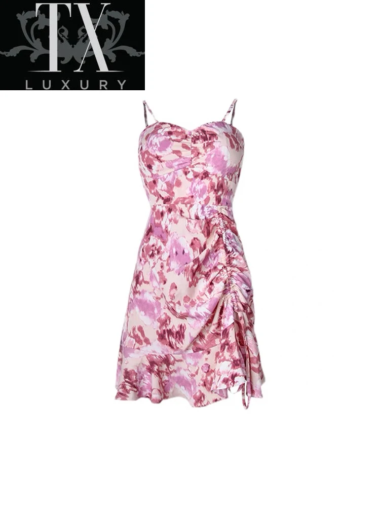 

2022 Summer New Women Fashion Sweet Floral Print Chiffon V-neck Beach Women's Sleeveless Mini Slit Dresses Girls Party