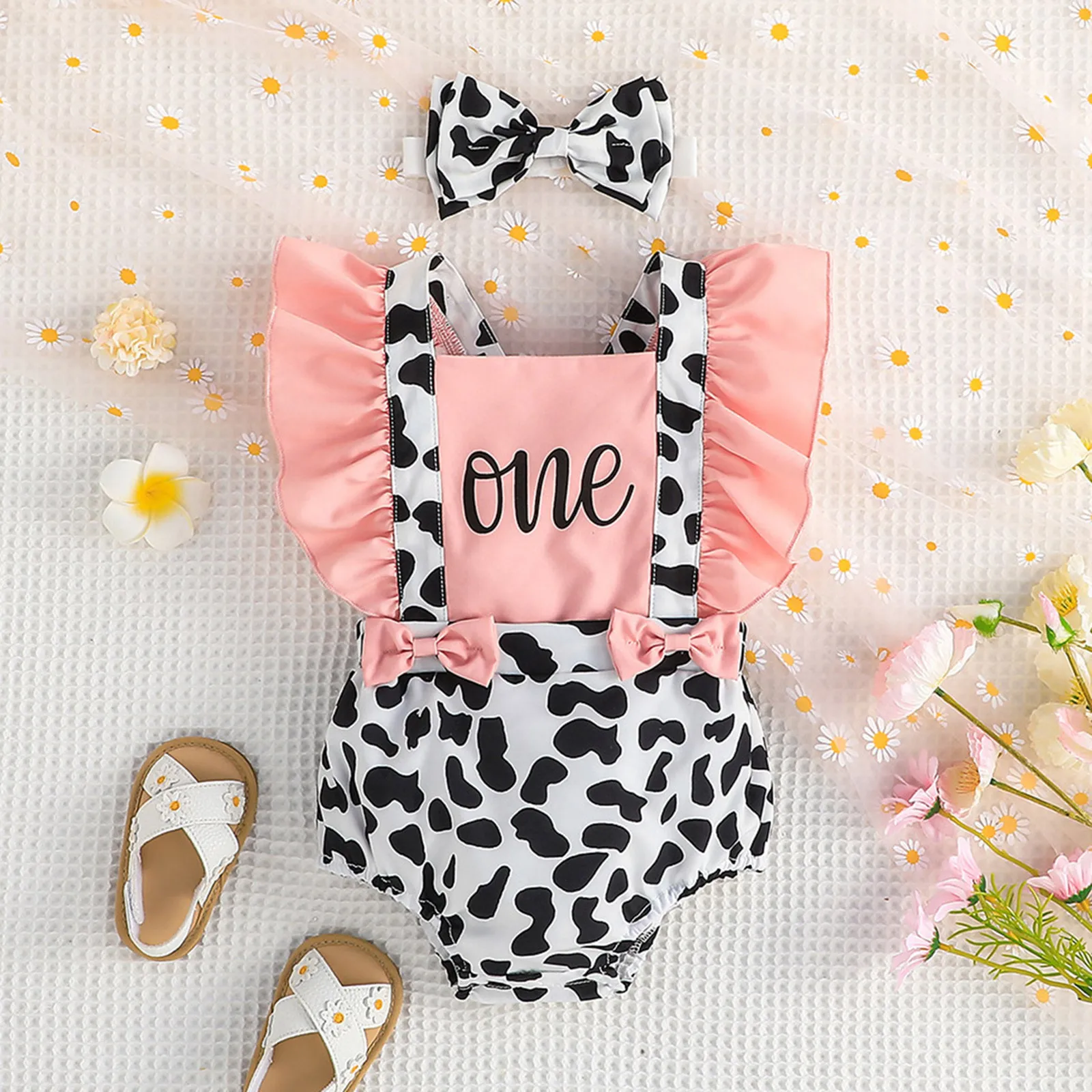 

Infant Girls Fly Sleeve Cow Prints Ruffles Newborn Backless Rompers And Headbands Summer Clothes Baby Girls New Born Bodysuits