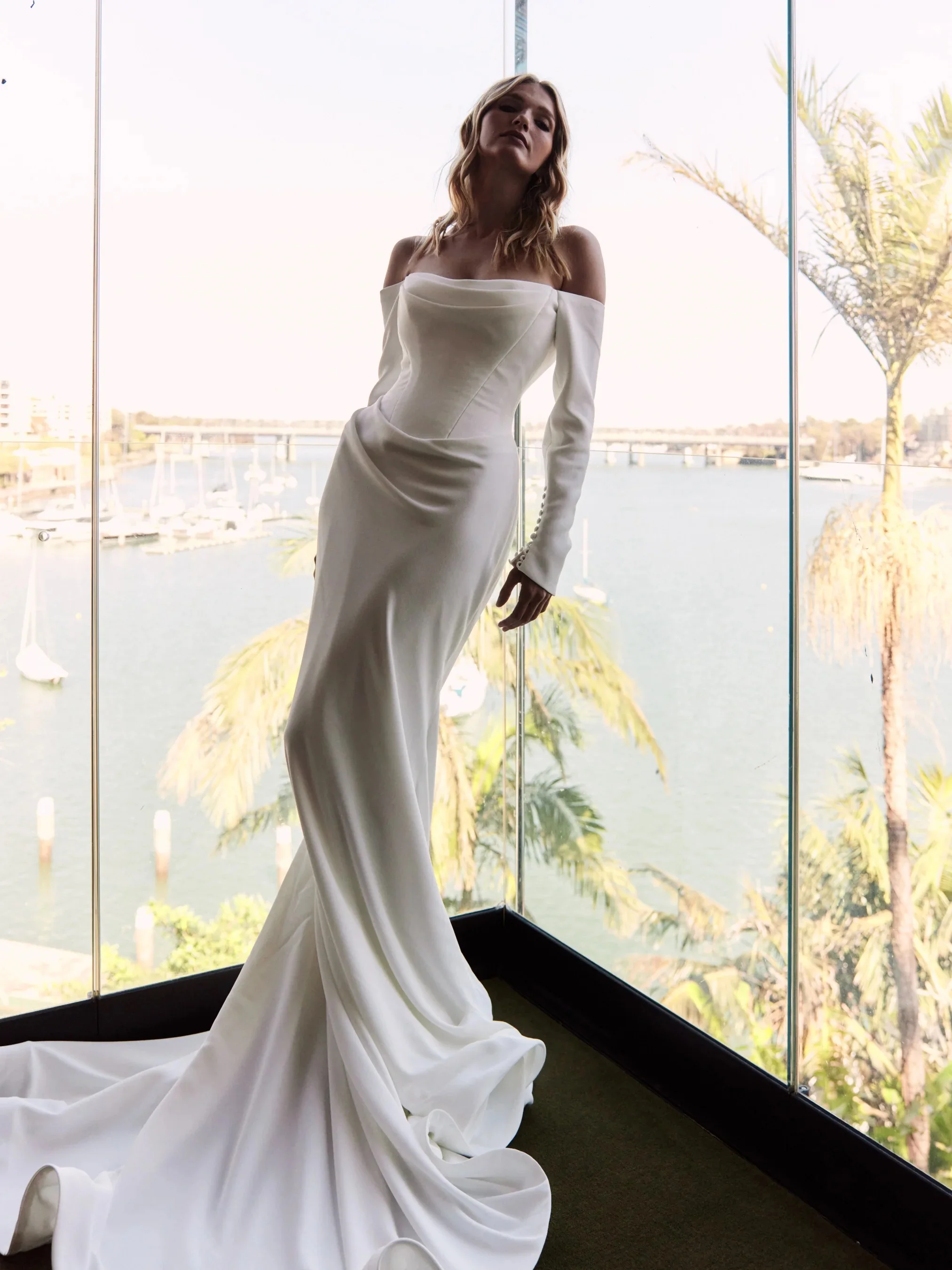 Vestidos Blancos Boda Civil Vestido De Noiva Minimalista атласное свадебное платье Novia Manga Larga Corte Sirena Casamento