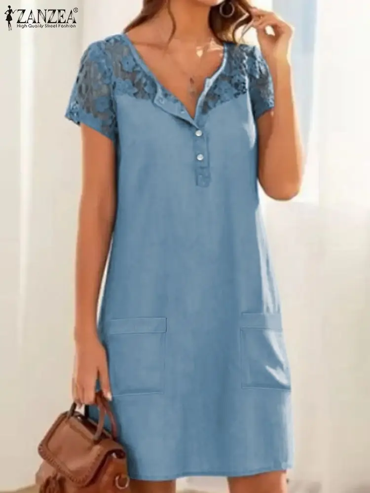 ZANZEA 2022 Elegant Women Demin Sundress Lace Patchwork Dress Short Sleeve Mini Vestidos Female Button Robe Femme Oversized