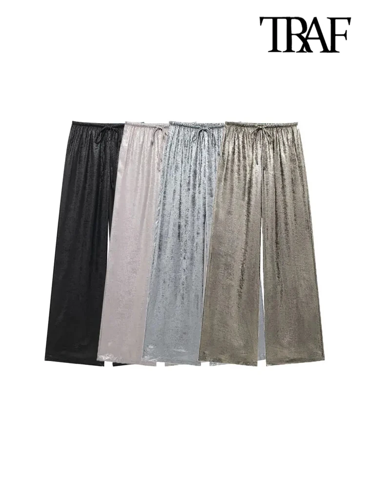 Брюки женские прямые металлические с высокой эластичной талией и кулиской