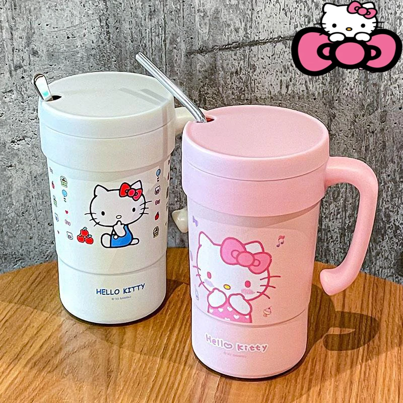 

580Ml Kawaii Hello Kittys Water Bottle Cartoon Kt Sanrioes Student Portable with Straw Insulation Cup Office Coffee Handle Mug