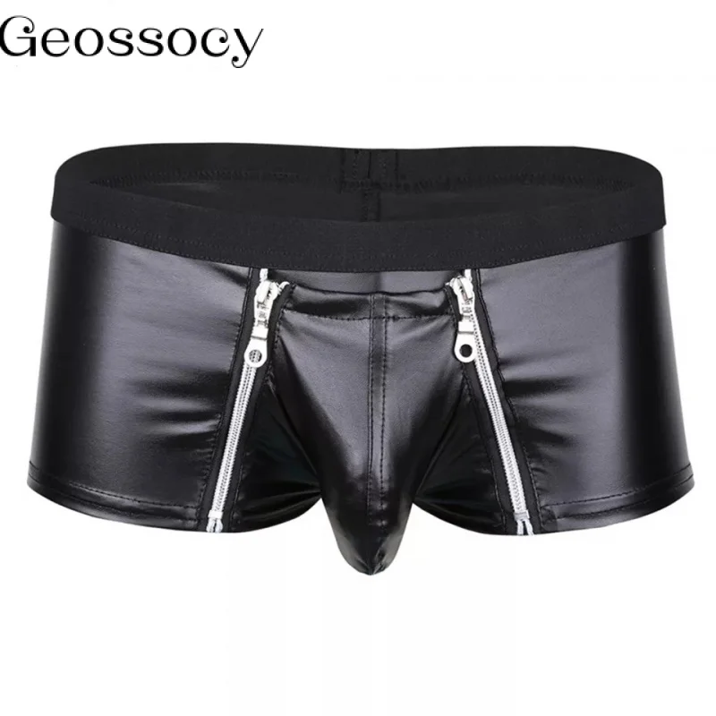 

Sexy Mens Leather Lingerie Open Crotch Short Pants For Soft Latex Fetish Boxer Crotchless Leather Underwear Bulge Pouch Sexi