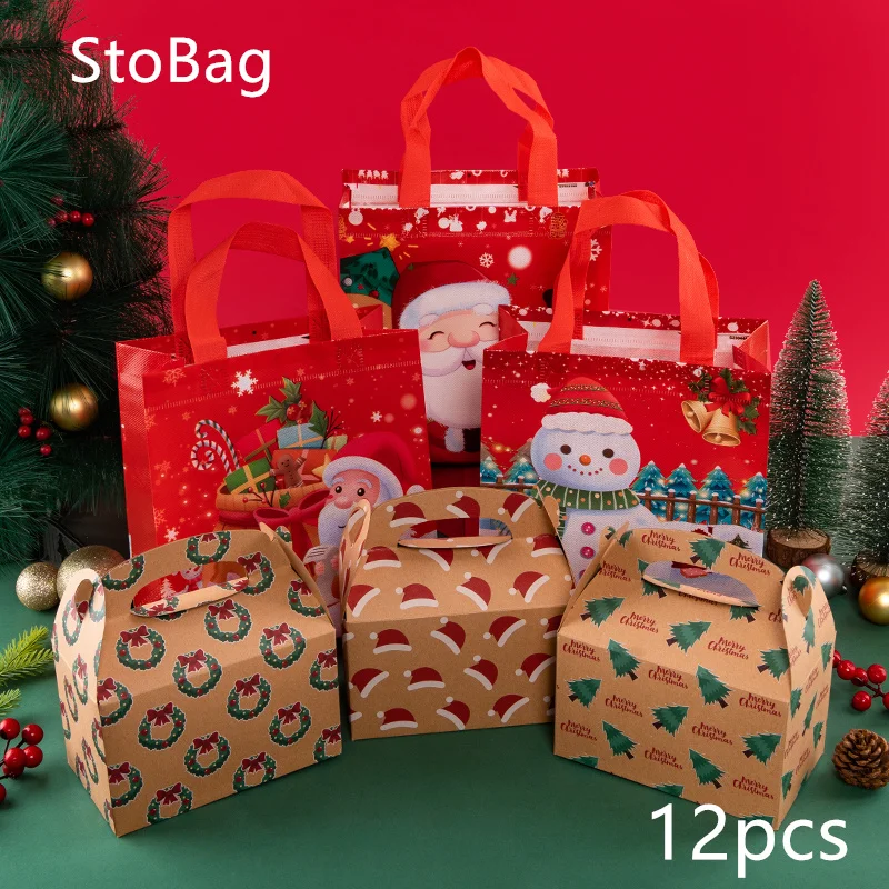 StoBag 12pcs New Christmas Card Tissue Non-woven Fabric Bag Box Gift Book Candy Doll Clothes Packing Spring Festival Supplies