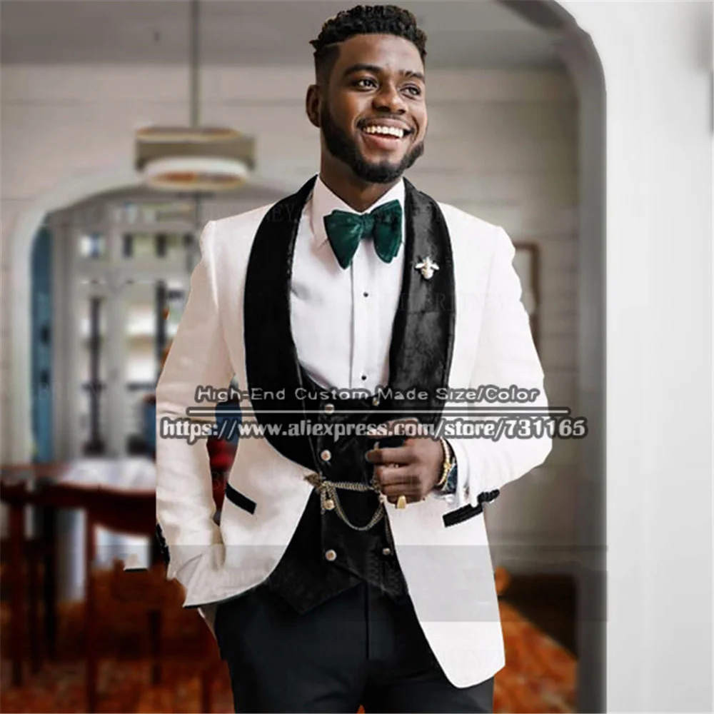

White Jacquad Floral Wedding Suits For Men Slim Fit Black Peaked Lapel Groom Wear Costume Homme 3 Pièces Man Tuxedo Custom Made