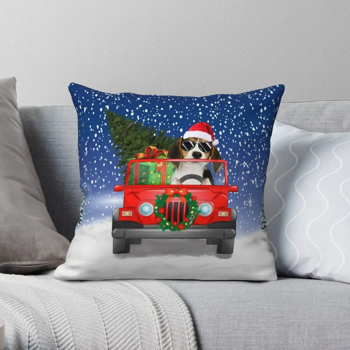 

Beagle Driving Christmas Car Pillowcase Polyester Linen Velvet Creative Zip Decor Throw Pillow Case Home Cushion Cover 18"