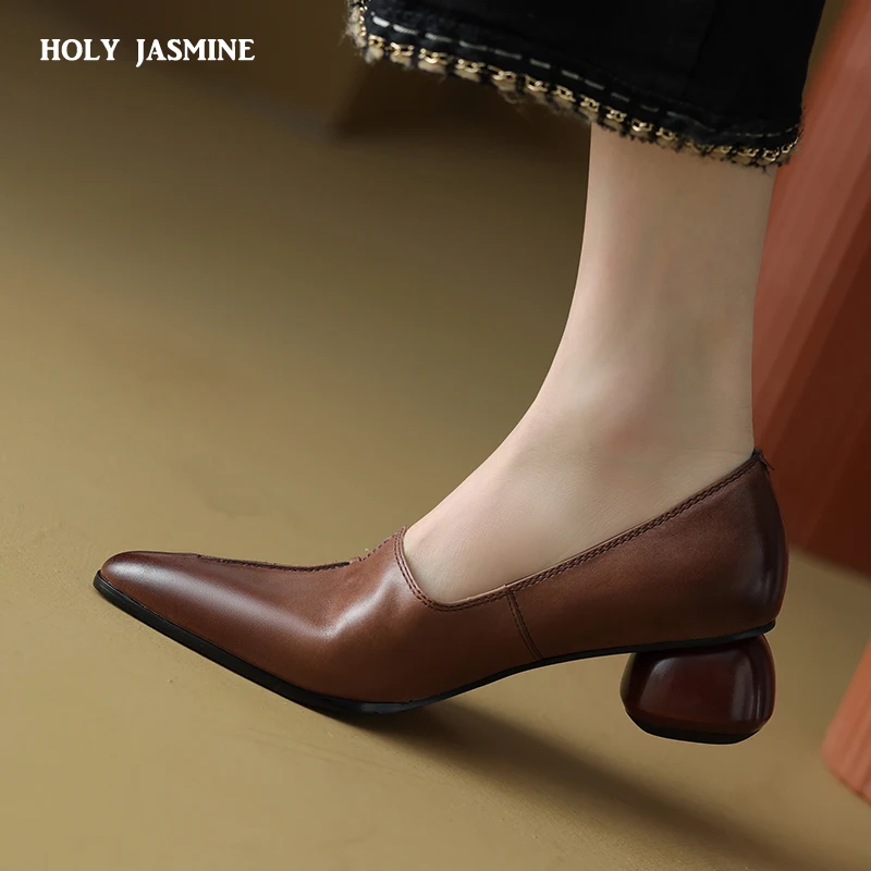 2023 Spring Autumn New Top Quality Leather Sheepskin Shoes Woman Spring Slip on Dress Pointed Toe Ladies Loafers High Heel Shoes