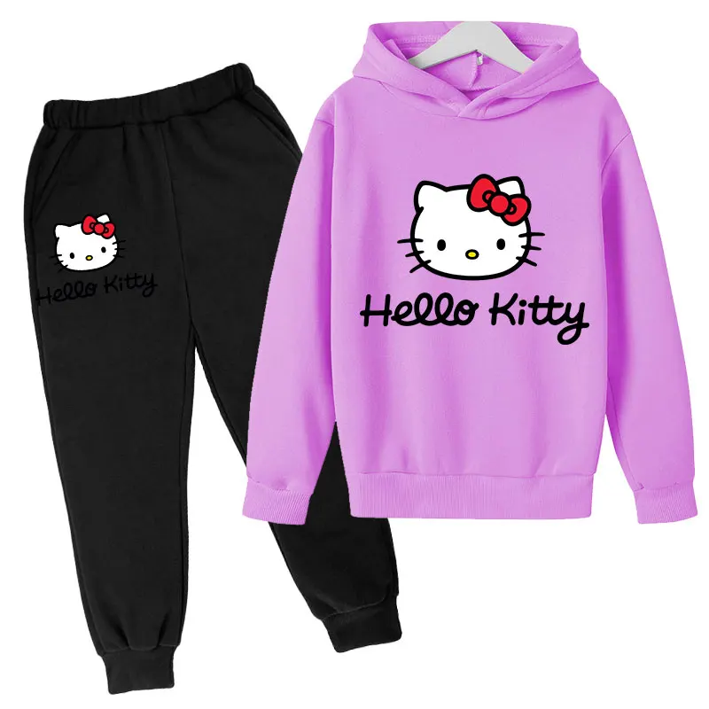 

Толстовка с капюшоном Hello-Kitty-Cat, хлопковые детские штаны с капюшоном, милый комплект детской одежды из двух предметов, женская одежда, детски...