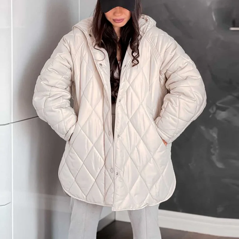 2021 Winter Oversize Vintage Plaid Hooded Parka Coat Women Casual Pockets Cotton Jacket Outwear Loose Long Overcoats Female