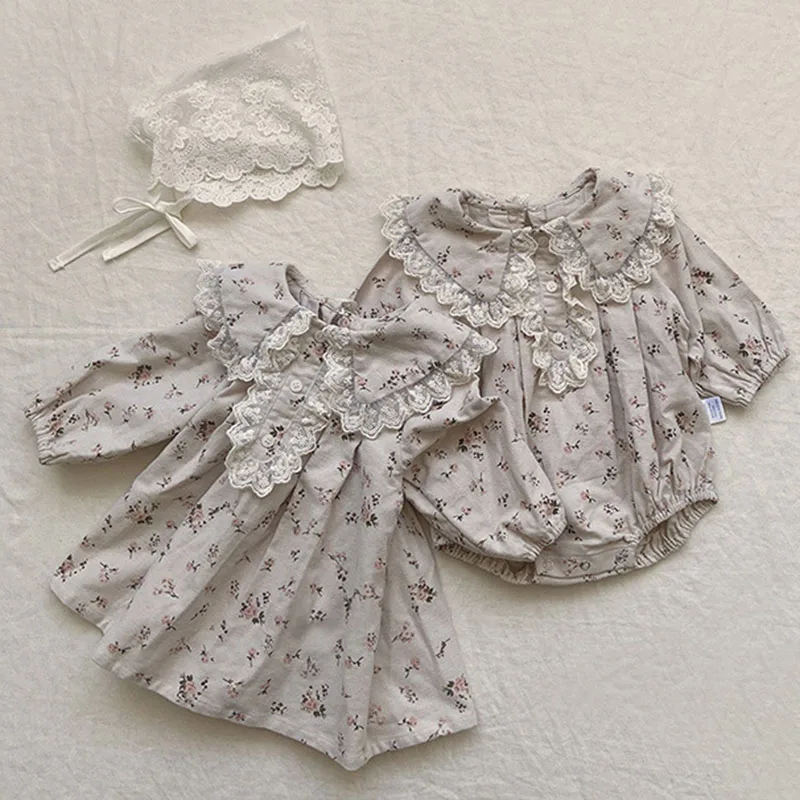 

Children Clothing Toddler Baby Romper Kids Party Dress Sister Clothes Long Sleeved Cotton Floral Print Autumn Spring Girls Dress