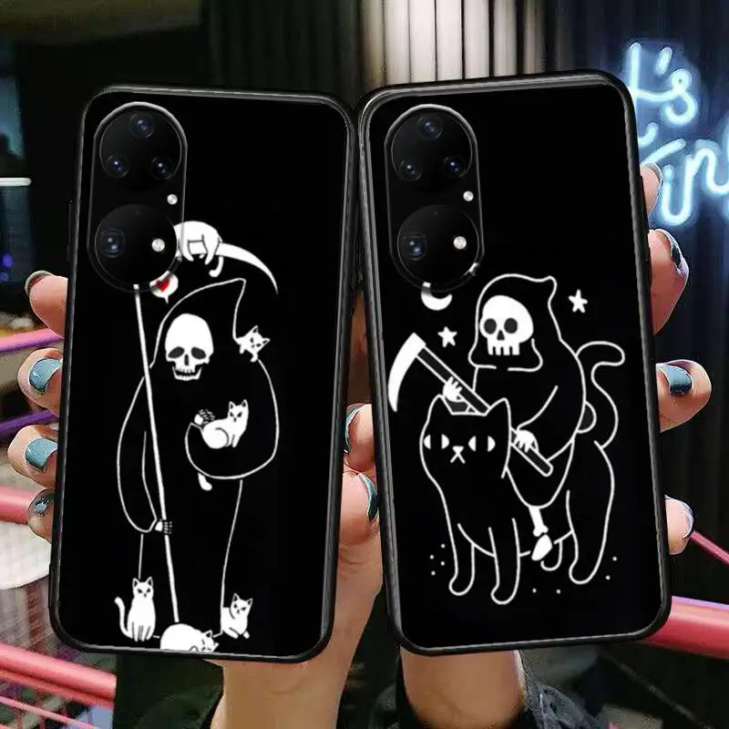 

Death Rides Black Cat Phone Case For Huawei p50 P40 p30 P20 10 9 8 Lite E Pro Plus Black Etui Coque Painting Hoesjes comic fas