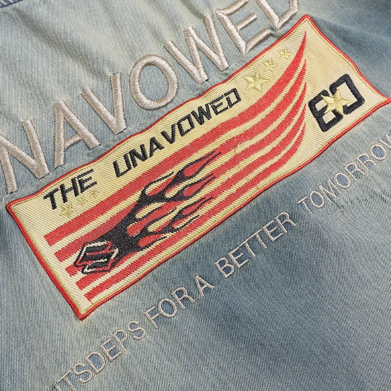 Мужская джинсовая футболка с вышивкой букв хлопковая Футболка круглым вырезом и