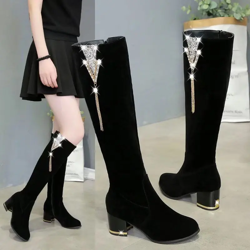 

Модные ботинки, новинка осень-зима 2021, женские ботинки, замшевые ботинки на толстом каблуке с блестками, женские бархатные удобные длинные б...