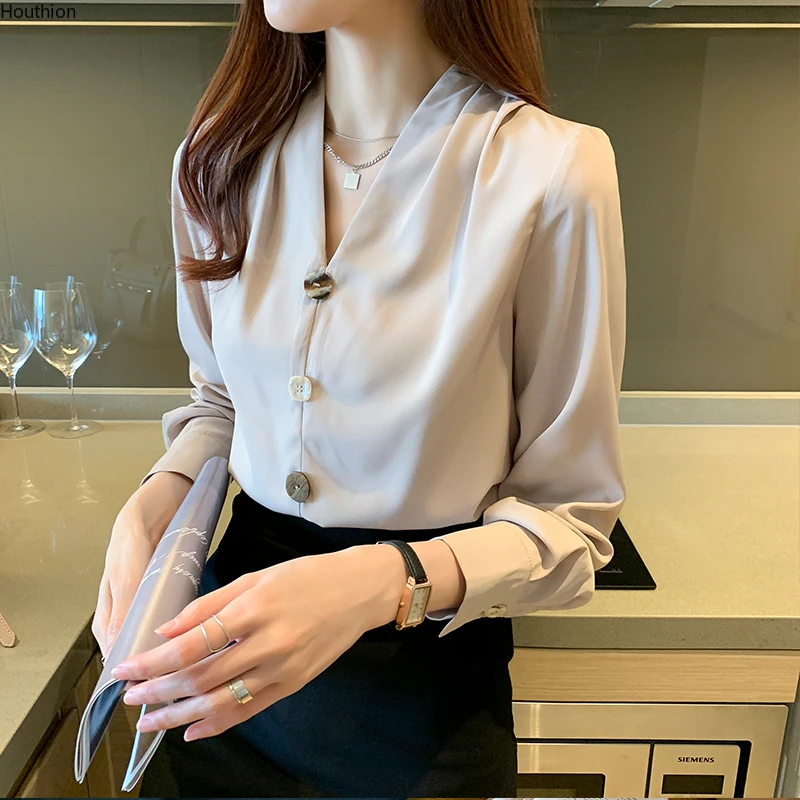 

Women's Blouses V-neck Chiffon Shirt Casual Summer New Long Sleeved Top Fashion Spring Lady Clothing Houthion