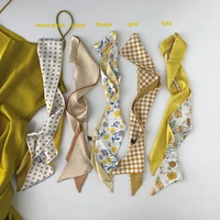 lunadolphin women skinny scarf yellow checkerboard plaid flower printed chiffon silky headbands bandana hair ribbon bag tie