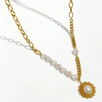 perisbox gold color mix chain irregular baroque pearl necklace for women big sun flower titanium steel necklace non tarnish