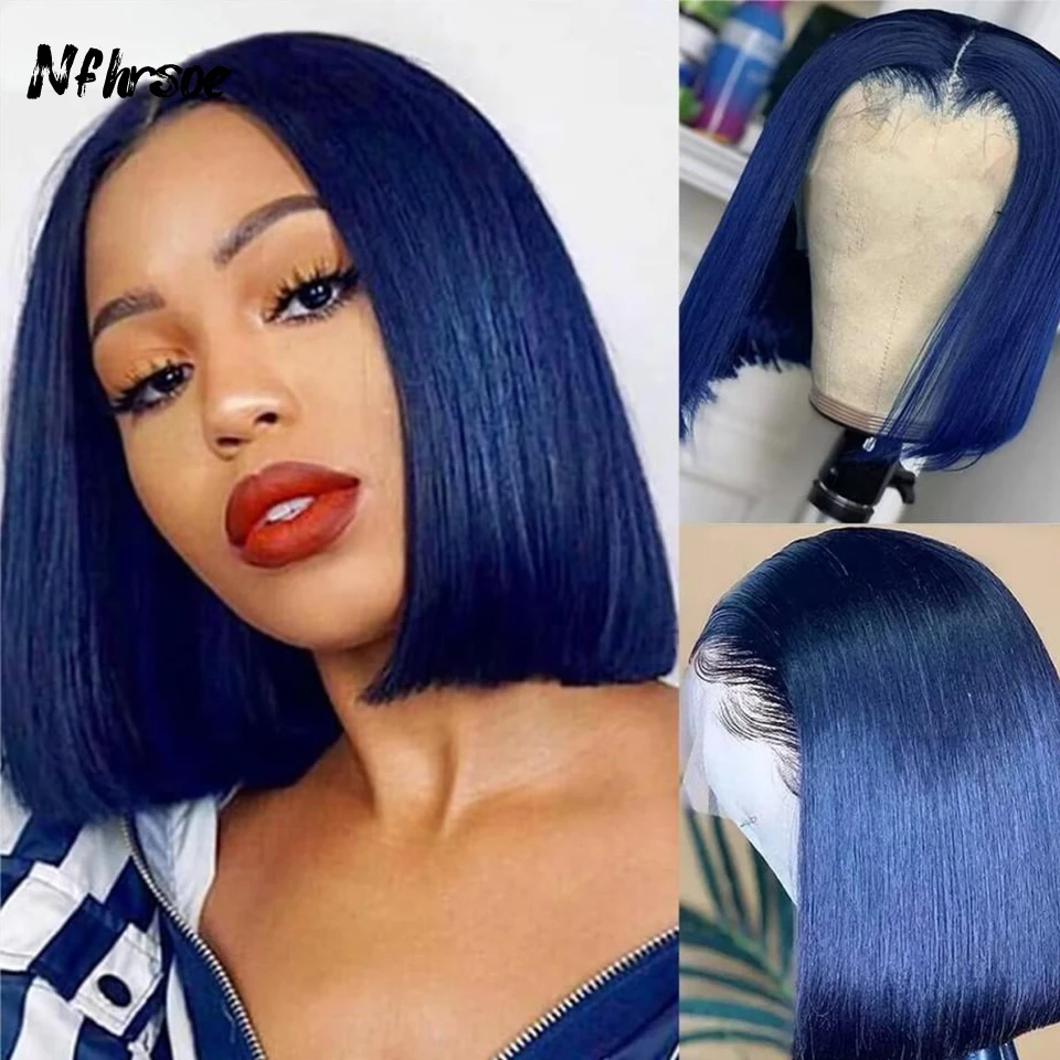 

Для женщин короткий парик Боб темно-синий цветной парик на сетке спереди al парики из человеческих волос 13x4 HD прозрачный парик на сетке спереди без клея парик человек