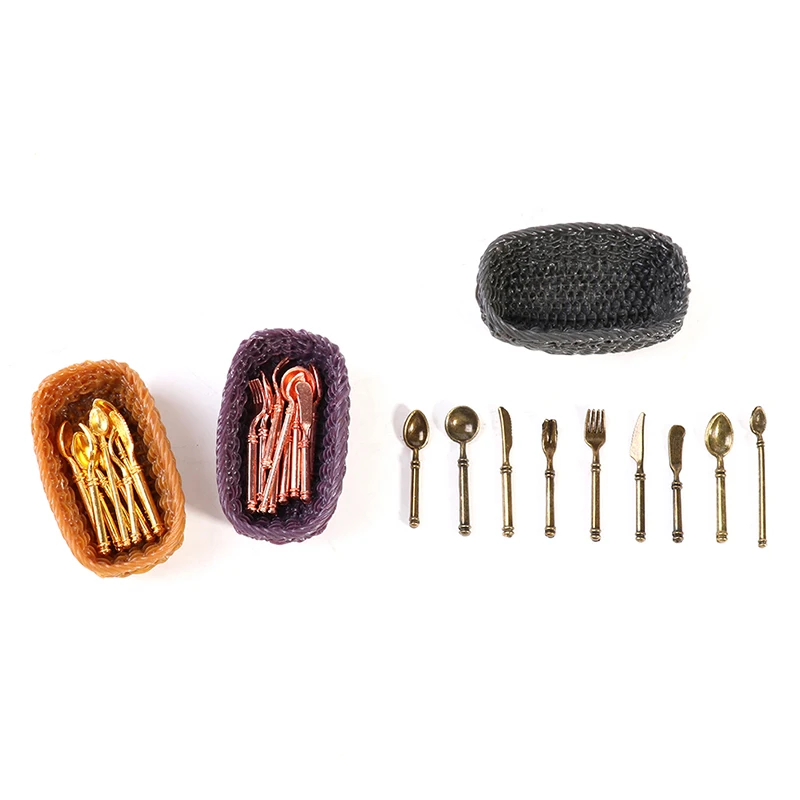 

Mini Cute Dollhouse Resin alloy Vegetable Food Storage Basket Dolls Miniature Decoration With 9 Cutlery