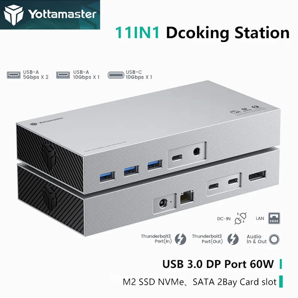 Док-станция Yottamaster Thunderbolt 3 11 в 1 USB3.1 Gen 2, встроенная док-станция с 2 отсеками SATA и NVME, слот для SSD-карт и RJ45 Multi Type-C 60 Вт