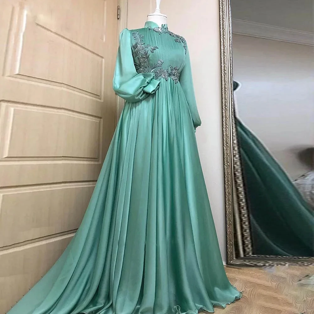 

Green Moroccan Evening Dresses with Puffy Sleeve Bead A Line Muslim Prom Gown Pleat Caftan Womens Formal Vestido De Noche