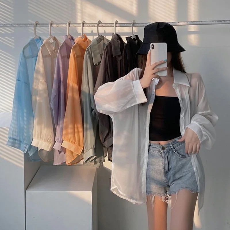 

Sheer Chiffon Shirt for Women Sunscreen Loose Top Button Up Long Sleeve Summer Turndown Neck Casual Thin Quick Drying Clothing