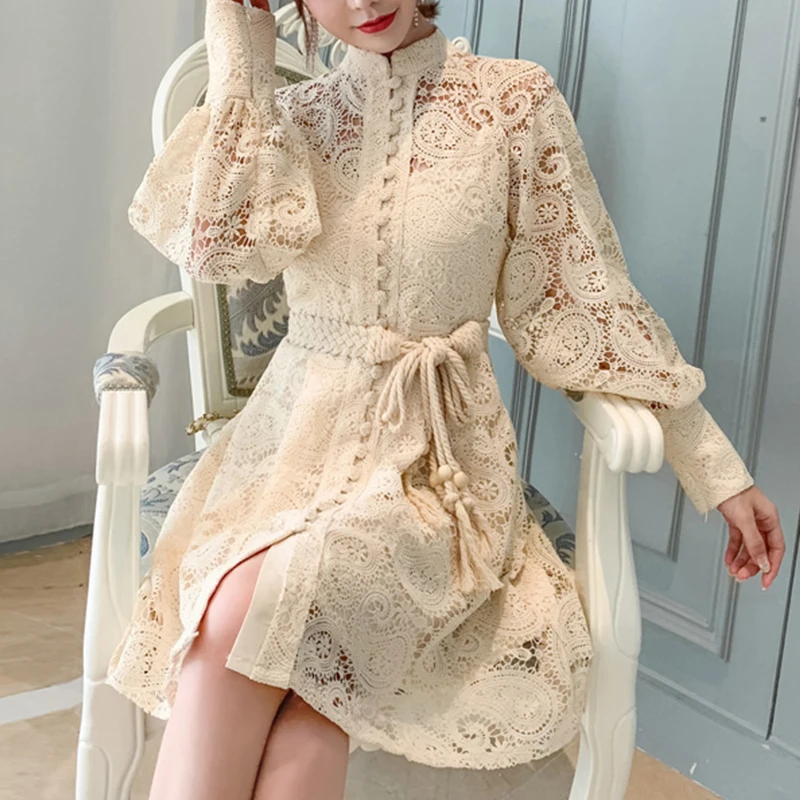 

Женское платье с поясом и воротником-стойкой, элегантное платье-мини абрикосового цвета с вырезами и фонариками, осень 2023