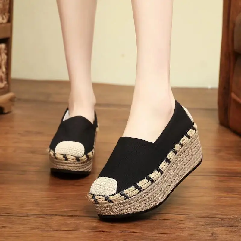 

Princess Ethnic Style New Style Spliced Linen Edge Women's Shoes Matsuke Thick Sole Cloth Shoes Increase Breathability and Comfo