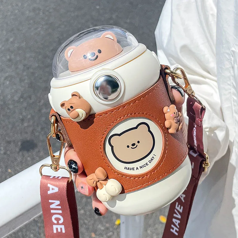 Kawaii Cute Bear Thermos Water Bottle With Straw For Kids Girl Portable Leak Proof School Kindergarten Flask Hot Drinking Bottle