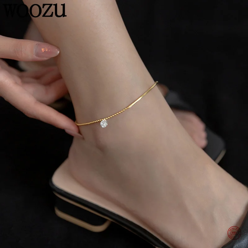 

WOOZU 925 Sterling Silver Fashion Korean Round Dazzling Zircon Bead Anklets for Women Beach Party Charms Minimalism Jewelry Gift