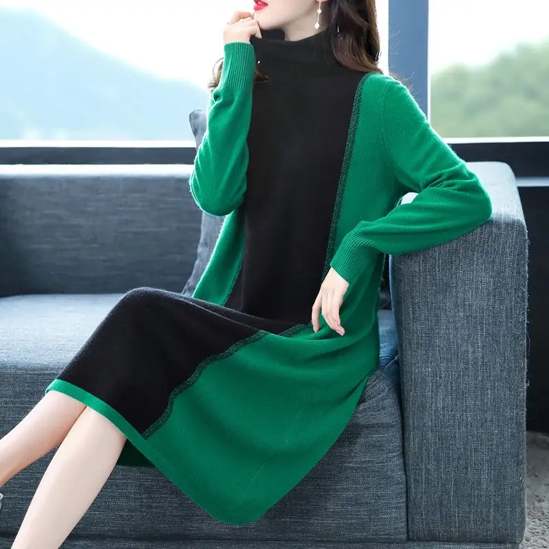 

Women Dress 2023 Spring Autumn New Korean Turtleneck Sweater Dress Loose Casual Mid-Length Striped Dress Vestidos Female E02