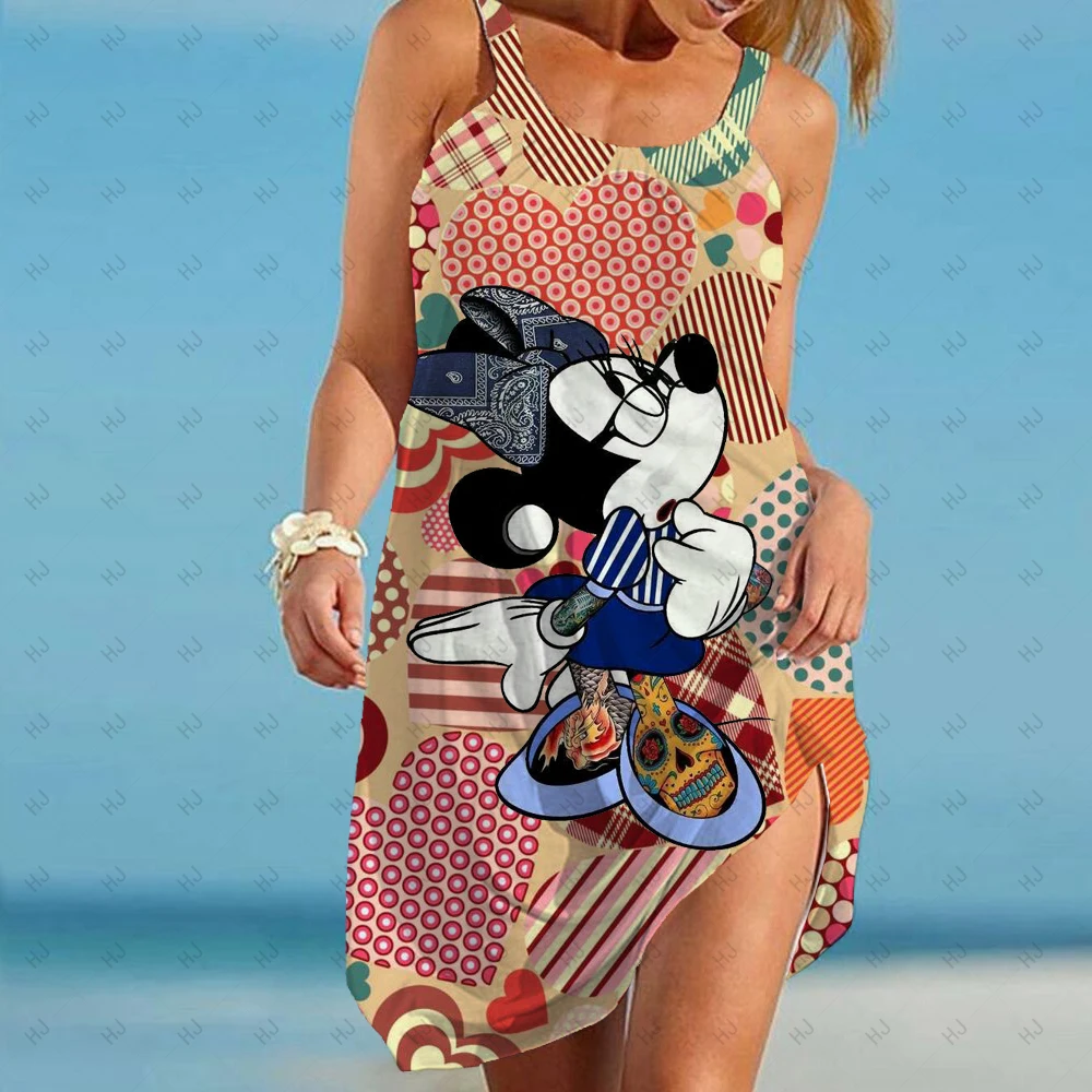 @Women's Sling Loose Dress Disney Minnie Mickey Mouse O-neck Printed Dress Sleeveless Elegant Dress Summer Beach Boho Dress