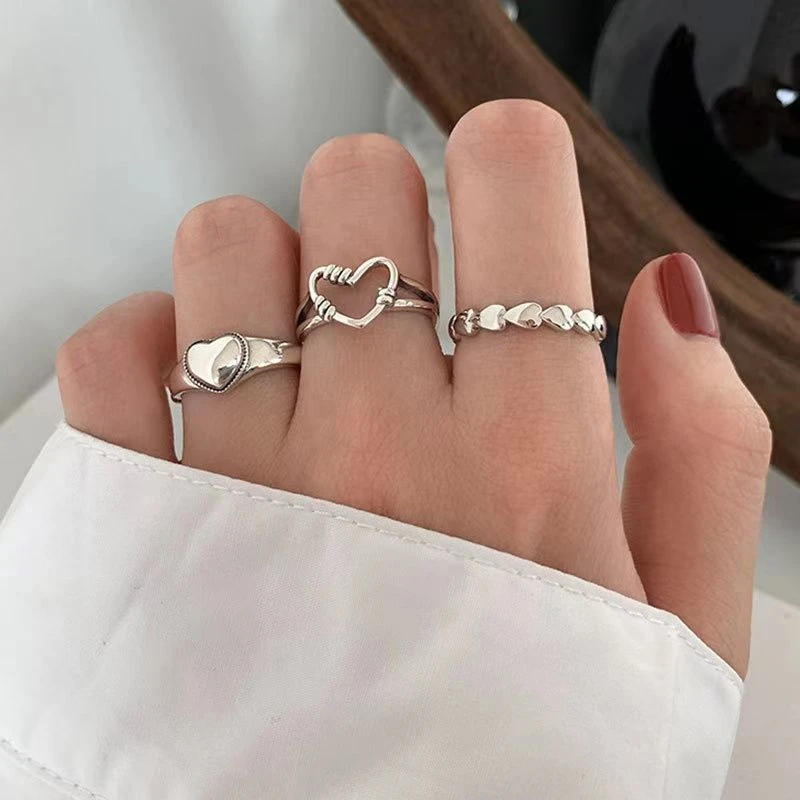 

Love Heart Retro High Cold Style Simple Fashion Opening Adjustable Ladies Ring 4Pc Combination Set Girl Party Punk Trend Jewelry