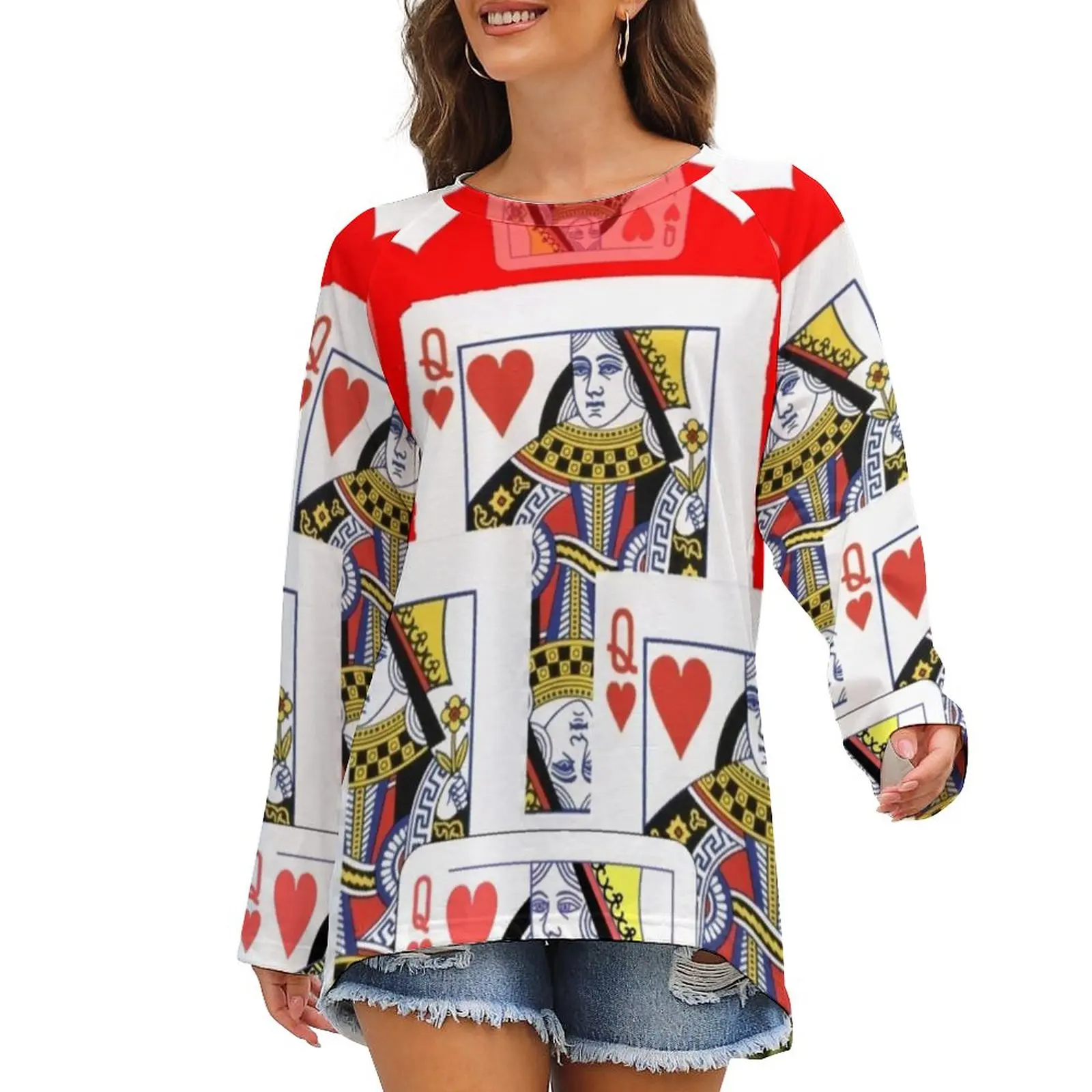 

Poker Cards T-Shirts Red Queen Heart Simple T-Shirt Woman Long Sleeve Classic Tshirt Oversized Graphic Tees