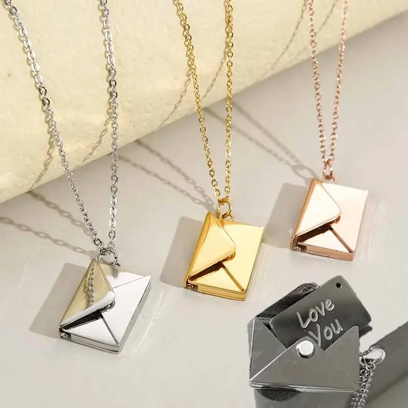 

Fashion Envelope Locket Necklace with Stainless Steel Chain Love You Secret Message Pendant Necklace for Girl Mother's Day Gift
