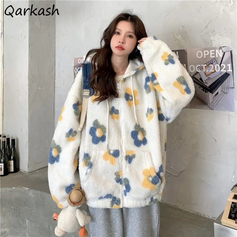 

Floral Hoodies Women Chic Lambswool Harajuku Sweet Loose Hooded Tops Females Ulzzang Newest All-match Bf Warm Autumn Korean Cozy