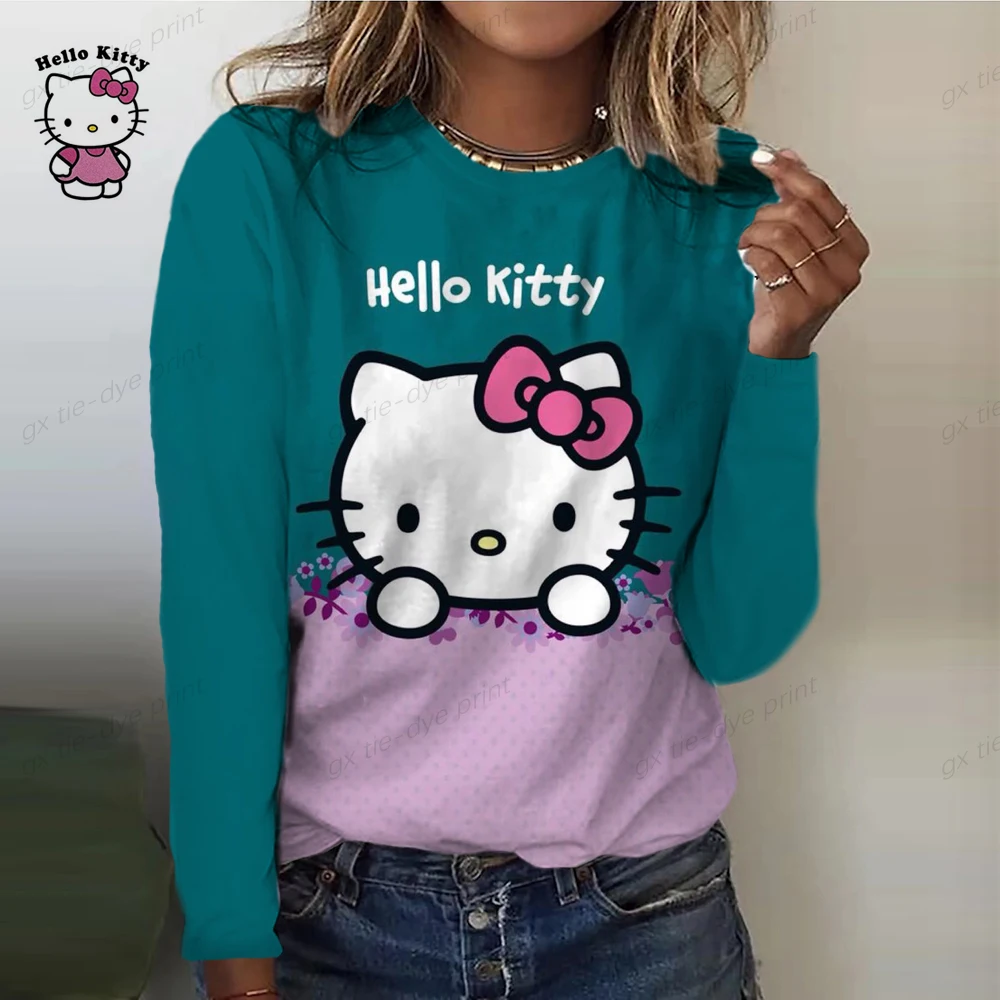 

O Neck New Design Hello Kitty print Long Sleeve Elegant Loose Top Spring Autumn Everyday Street Pullover Women's Vintage T-shirt