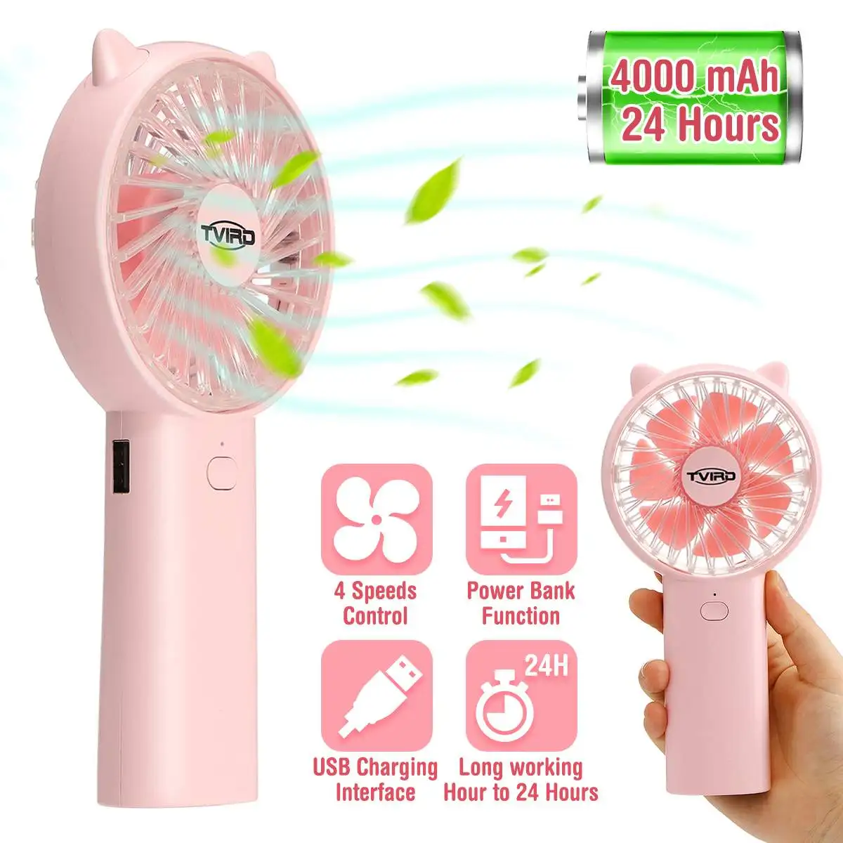 

4000mAh Mini Protable Handheld Fan USB Rechargeble Fan Outdoor Office 4 Speeds Air Cooler Can be as Power Bank To Charge Phone
