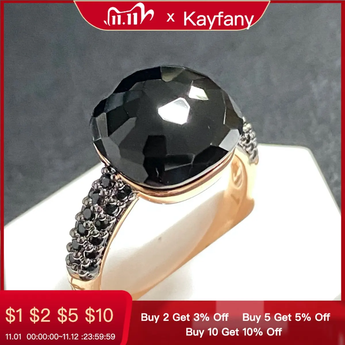 

Pomellato Black Onyx Ring Inlay Black Zircon With Black Gun Plated 12.6mm Flat Crystal Ring For Women Party Fashion Jewelry Gift