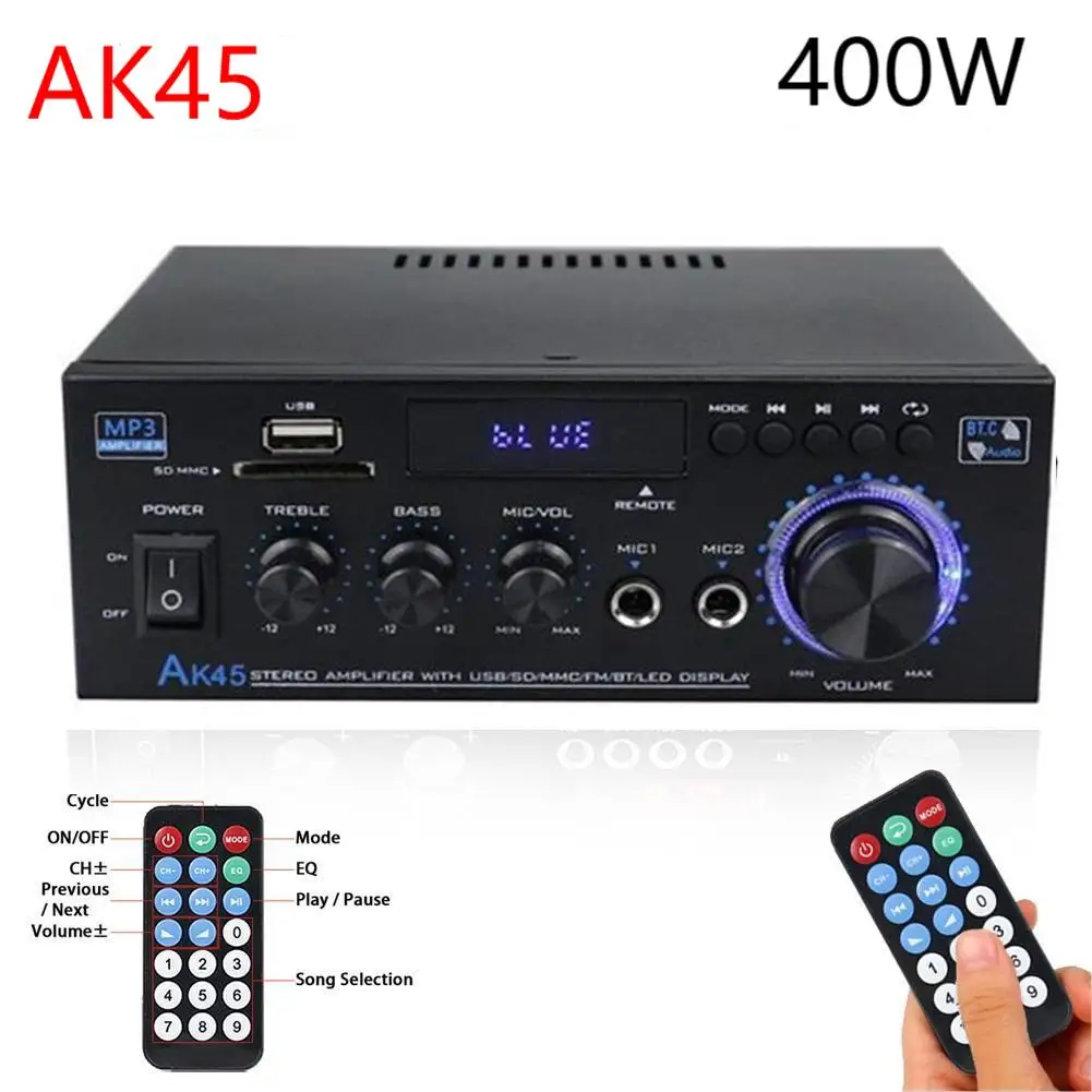 

AK45 Digital Audio Amplifier 40Wx2 2.0 Channel HiFi Stereo Amplifier Receiver 400Wx2 AC 90-240V Bluetooth 5.0 Home Car Power Amp
