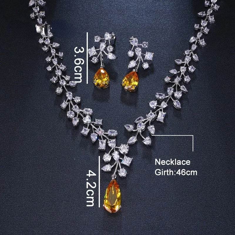 AMC Luxury Green Blue Yellow White Big Water Drop Necklace and Earring Set Zircon Bridal Wedding Party Jewelry Gifts For Women