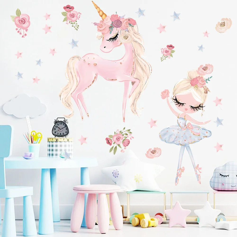 Pegatinas de pared de unicornio de princesa de hadas para habitaciones de niños, papel tapiz de estrella de flor de bailarina de Ballet linda, decoración de habitación de bebé de guardería