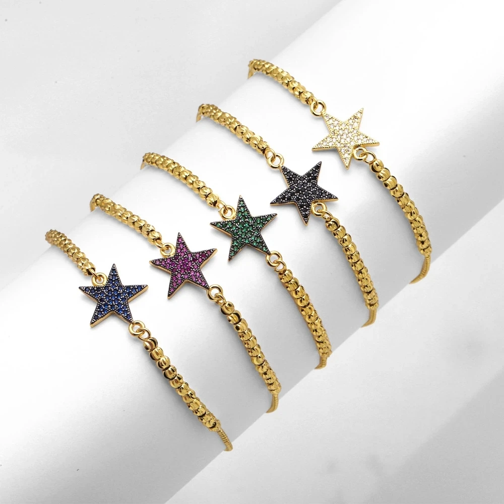 

10Pcs Copper Crystal Zircon Heart Star Bracelets for Women Gold Plated Carved Beads Chain Adjustable Bracelets CZ Jewelry Gifts