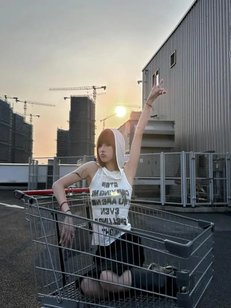 Seeslim Хип-хоп Белые топы на бретелях с капюшоном Женская одежда Уличная принтом